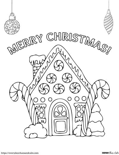 gingerbread house coloring page with Merry Christmas message