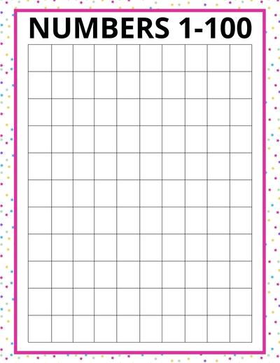 Printable Color Hundreds Chart- Blank. Free printable 100 chart, for learning numbers, counting to one hundred, skip counting, pdf, pre kindergarten, kindergarten,1st grade, print, download.