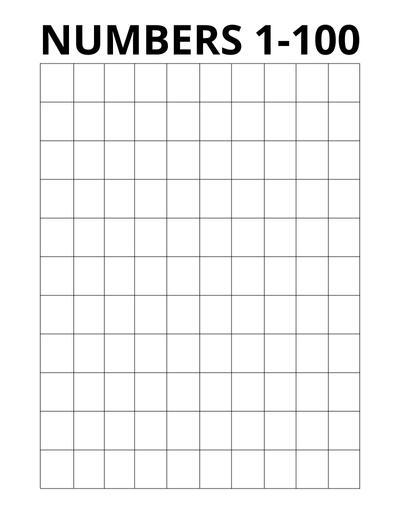 Black and White Printable Hundreds Chart- Blank. Free printable 100 chart, for learning numbers, counting to one hundred, skip counting, pdf, pre kindergarten, kindergarten,1st grade, print, download.