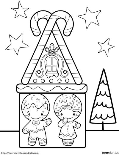 gingerbread house coloring page with girl and boy gingerbread people