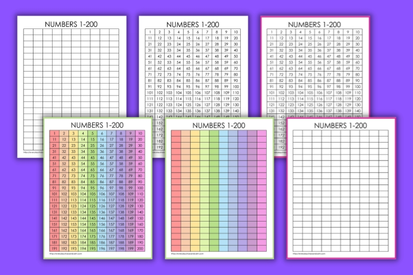 printable hundreds charts for learning to count, skip count, and write numbers 1-100