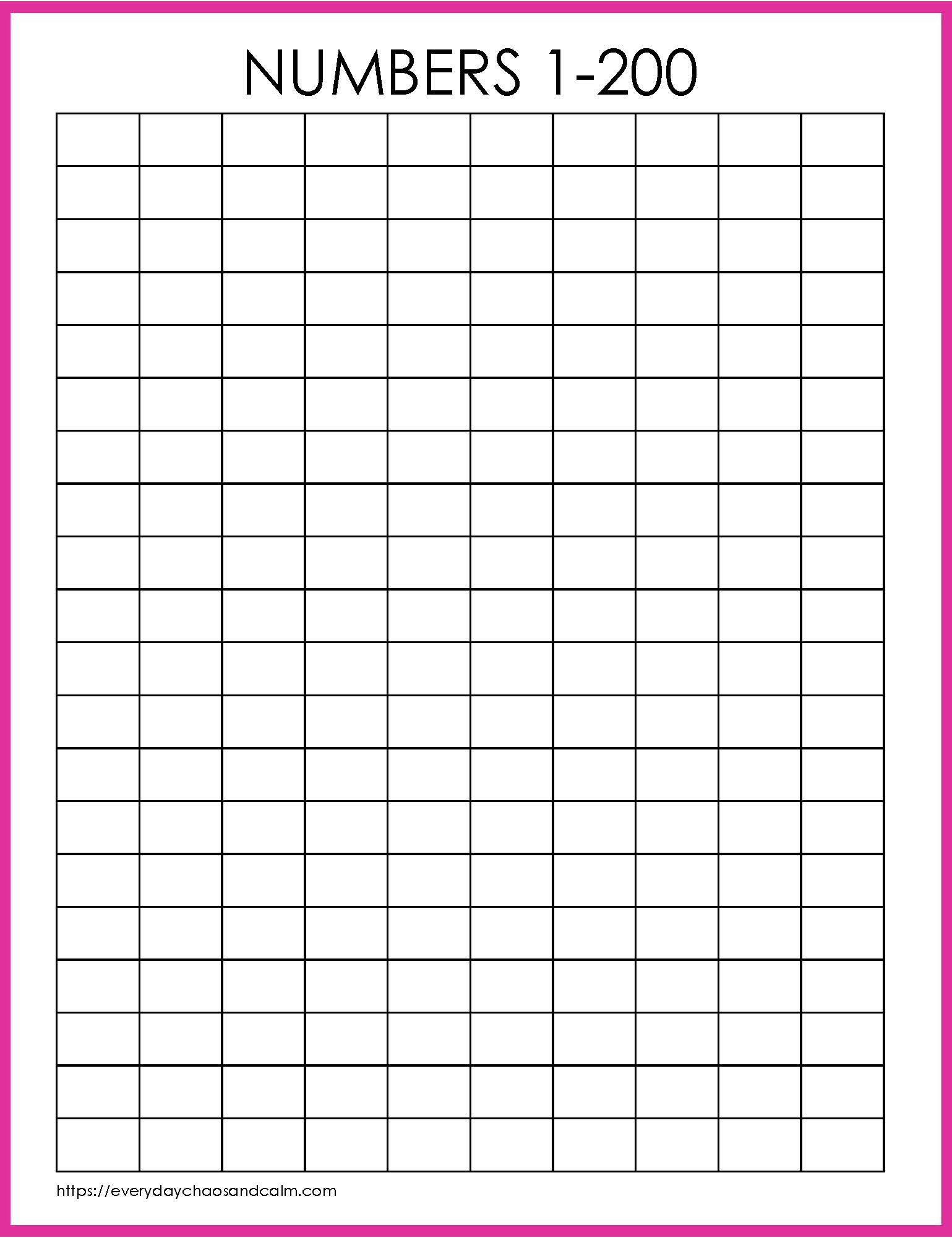  1-200 number Chart with colored border blank