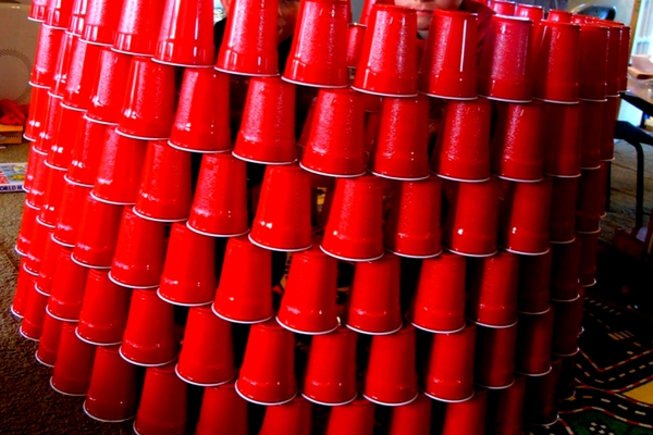 red plastic cups stacked into a building