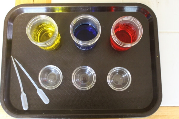 color mixing station set up on a tray