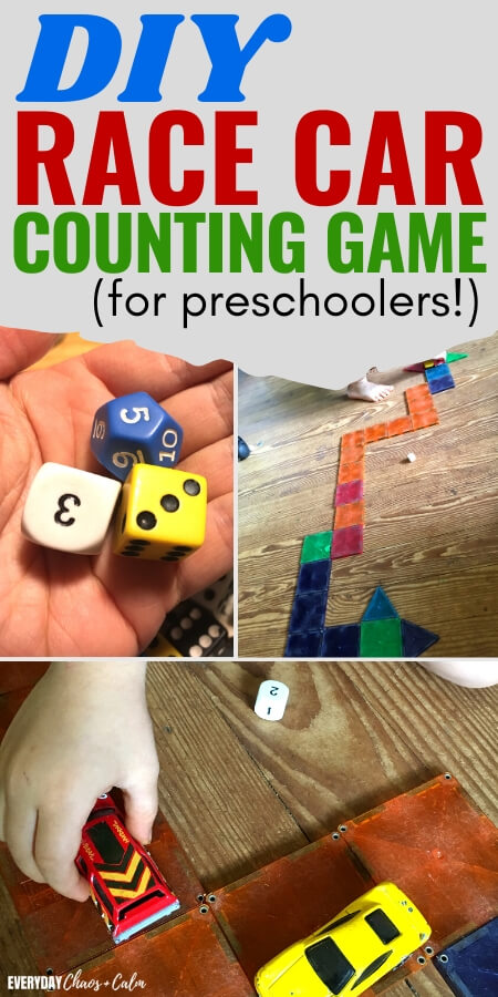 DIY Race Car Counting Game for Preschoolers with pictures of dice, magna tile race track and boy with a toy car