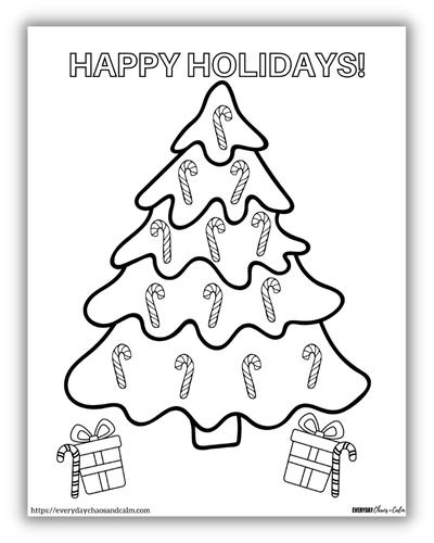 christmas tree coloring page with candy canes decorating the tree