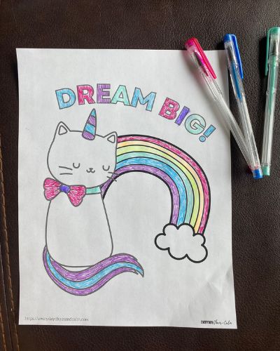 caticorn coloring page half finished with gel pens