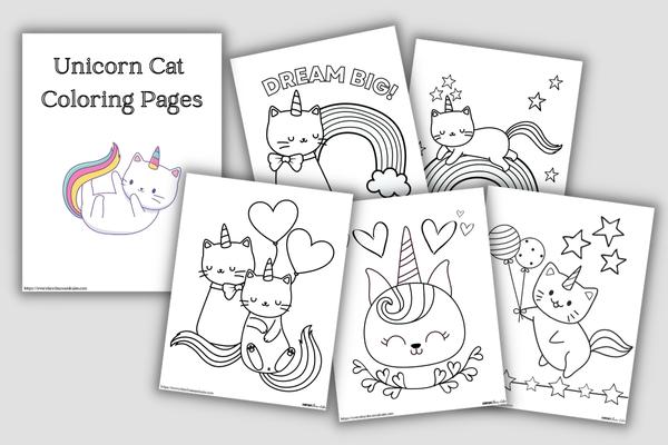 unicorn cat coloring book mockup and example pages