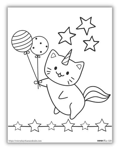 unicorn cat with balloons surrounded by stars