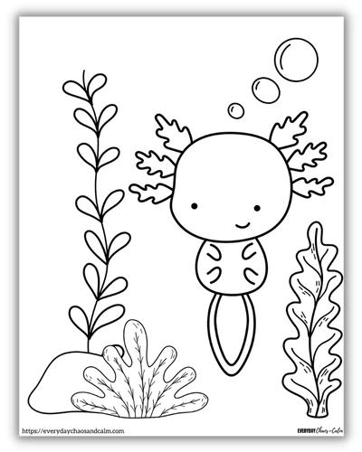 cartoon like axolotl with bubbles and sea grasses