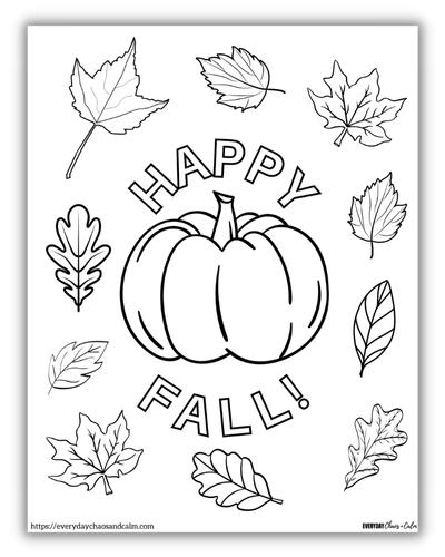 pumpkin with happy fall written above and below with leaves surrounding