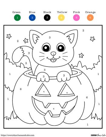 cat in a jackolantern color by number