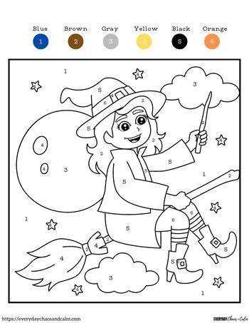 witch on a broom color by number