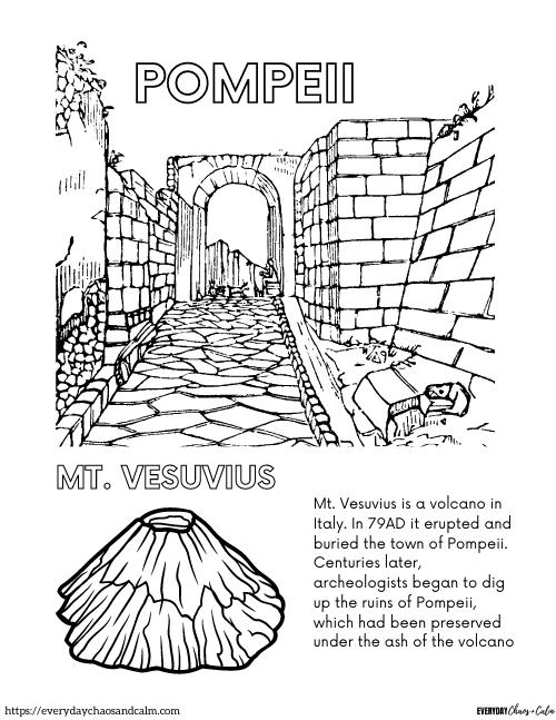 coloring page of Pompeii and Mt. Vesuvius
