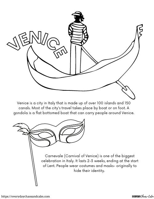 Venice coloring page with picture of venetian mask and a gondola
