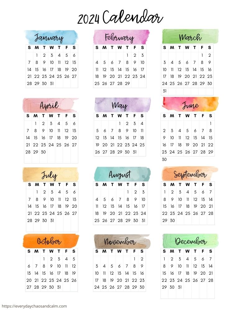 printable 2024 yearly calendar- sunday start