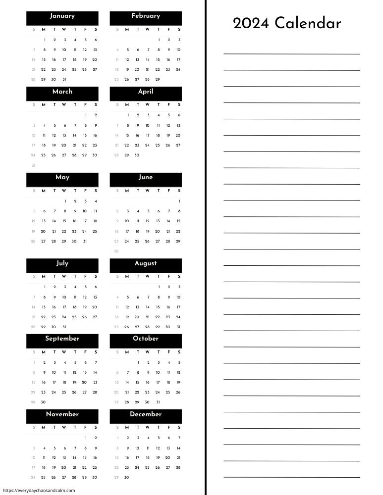 printable yearly 2024 calendar- sunday start