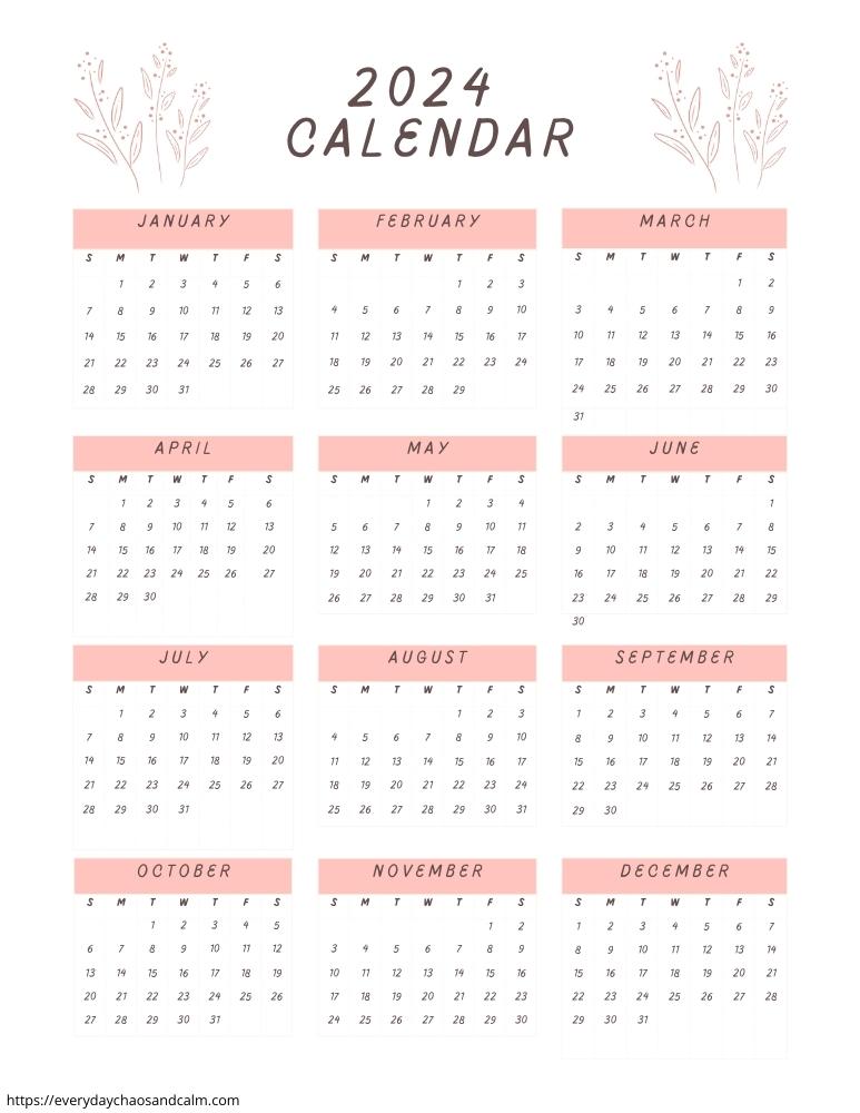 printable yearly 2024 calendar- sunday start