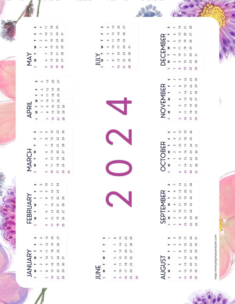 printable 2024 yearly calendar- sunday start