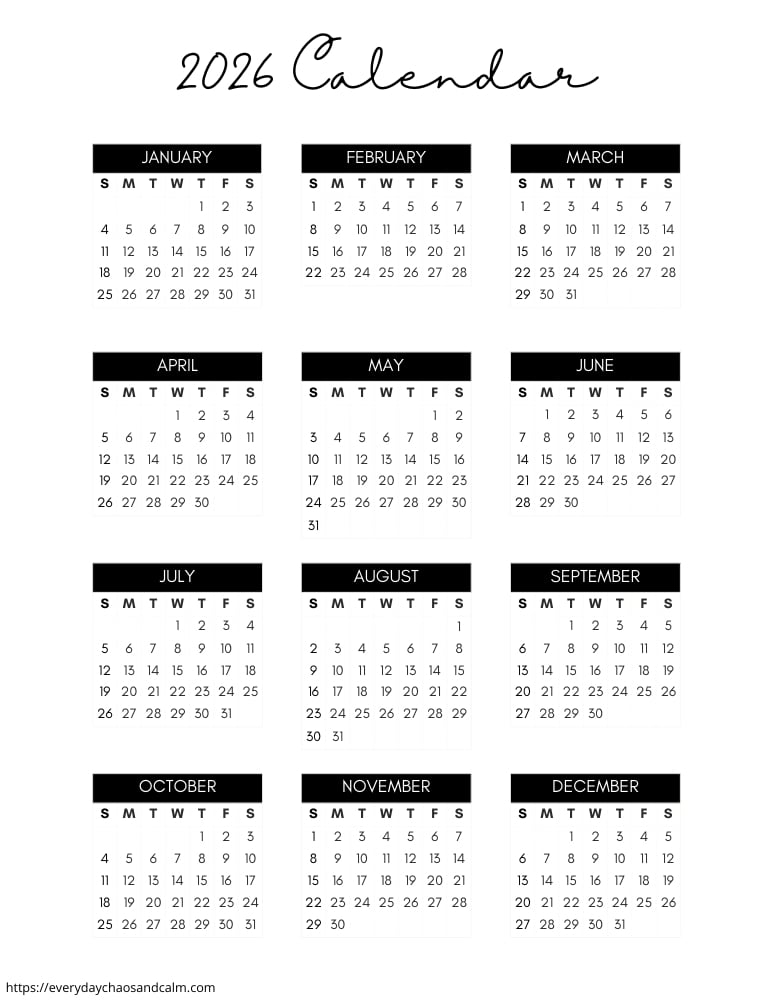 printable yearly 2026 calendar- sunday start