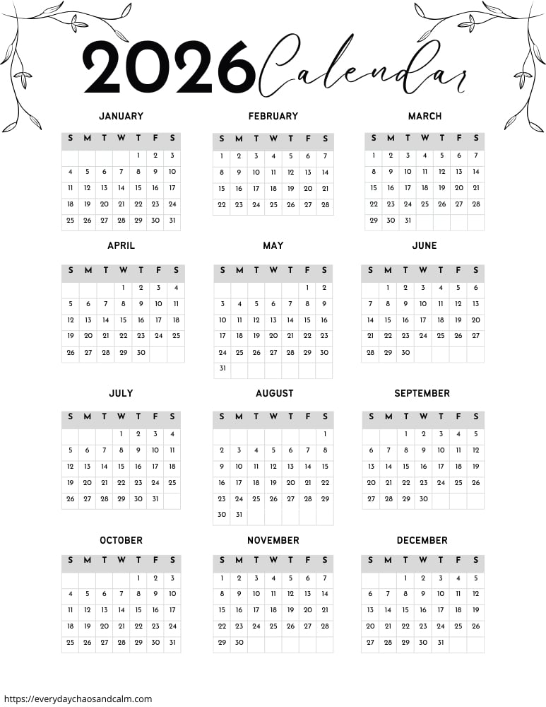 printable 2026 yearly calendar- sunday start