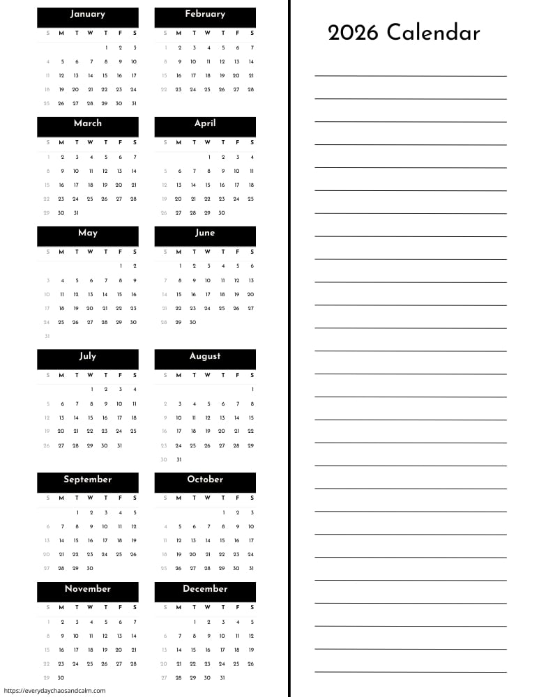 printable yearly 2026 calendar- sunday start