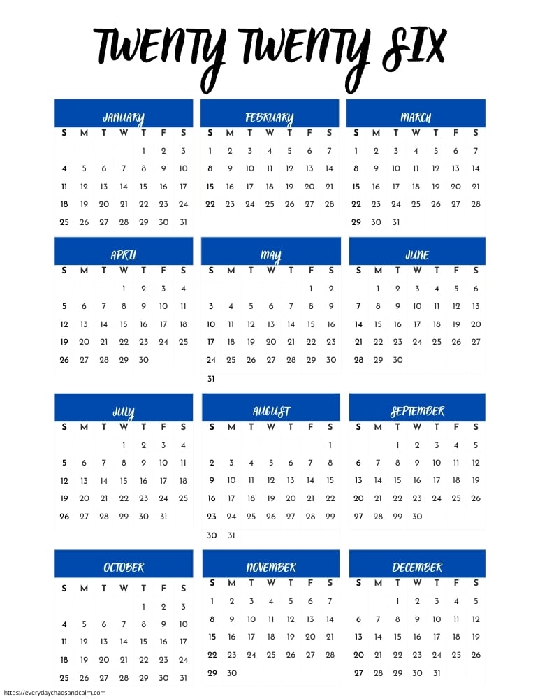 printable yearly 2026 calendar- sunday start