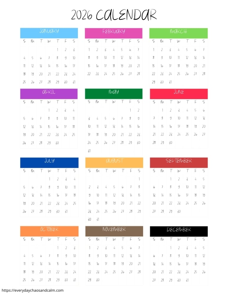 printable yearly 2026 calendar- sunday start