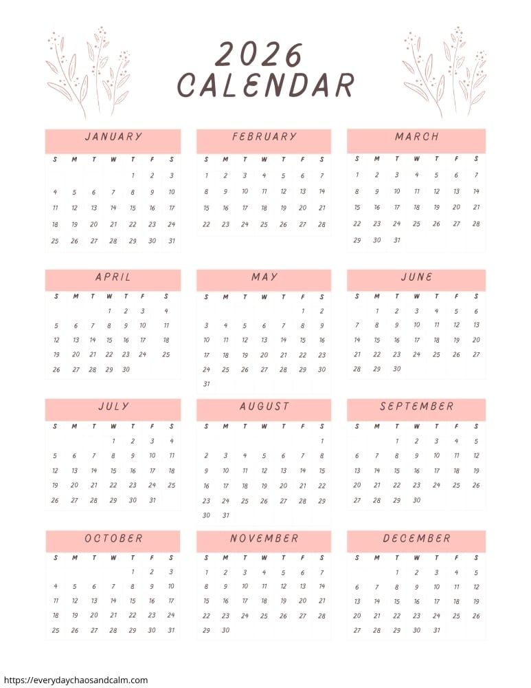 printable yearly 2026 calendar- sunday start