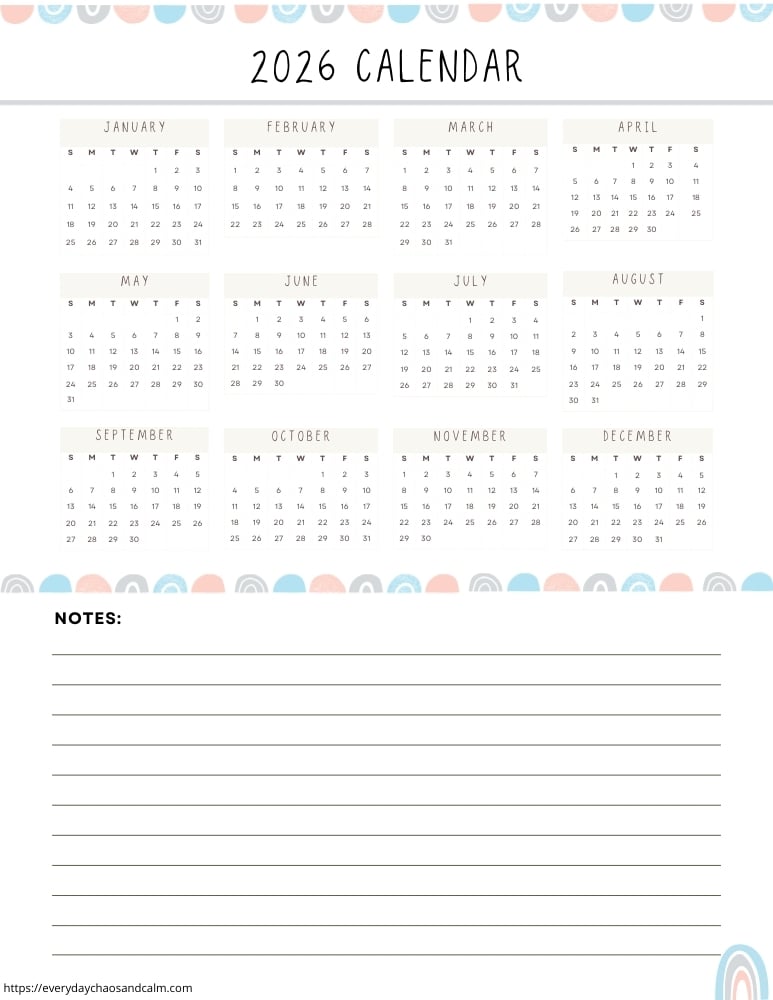 printable yearly 2026 calendar- sunday start