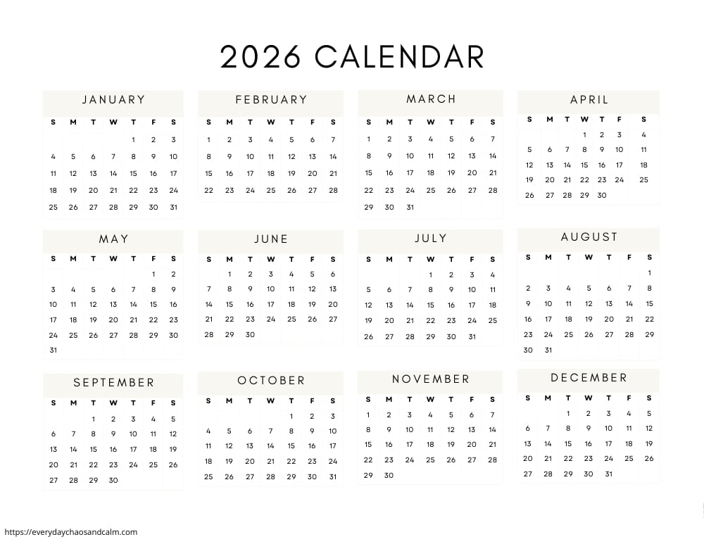 printable yearly 2026 calendar- sunday start