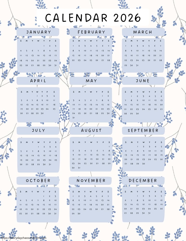printable yearly 2026 calendar- sunday start