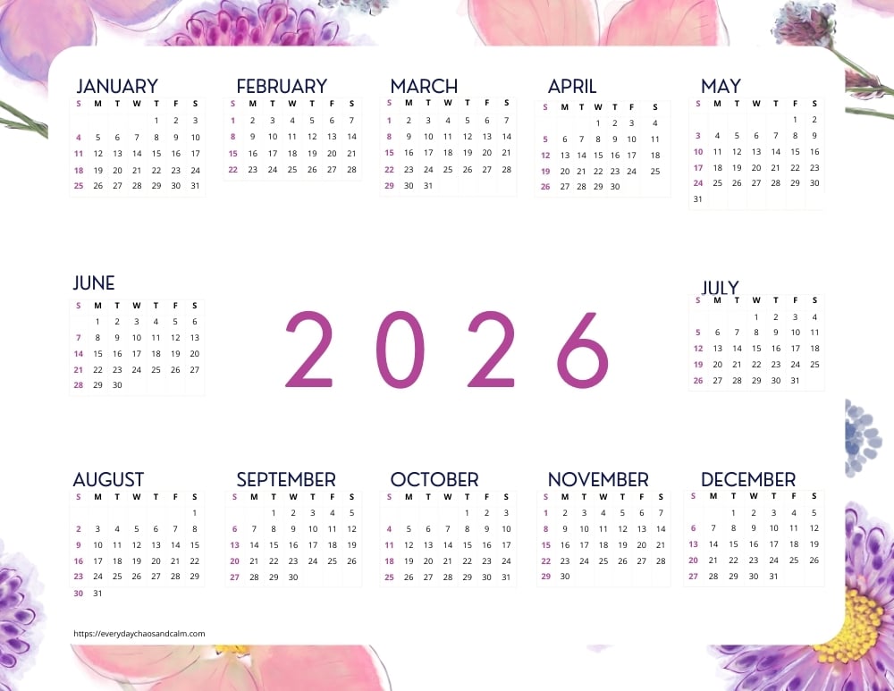 printable yearly 2026 calendar- sunday start
