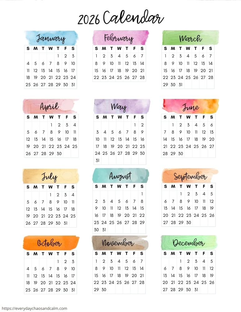 printable yearly 2026 calendar- sunday start