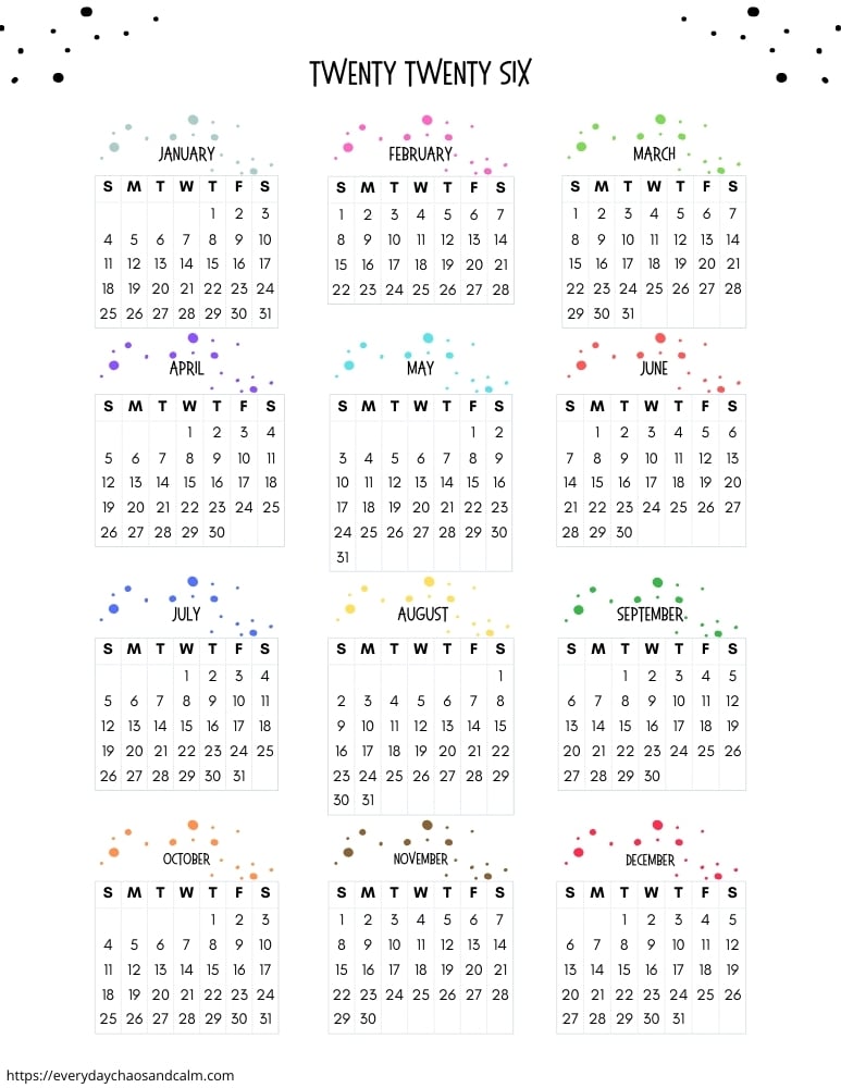 printable 2026 yearly calendar- sunday start