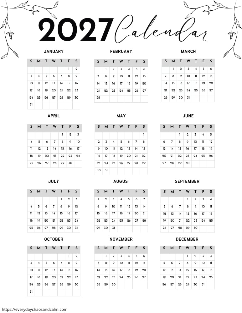 printable 2027 yearly calendar- sunday start