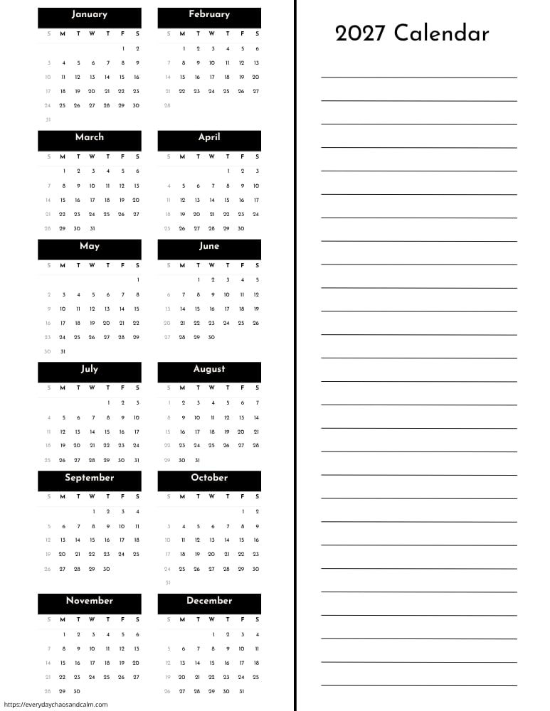 printable yearly 2027 calendar- sunday start