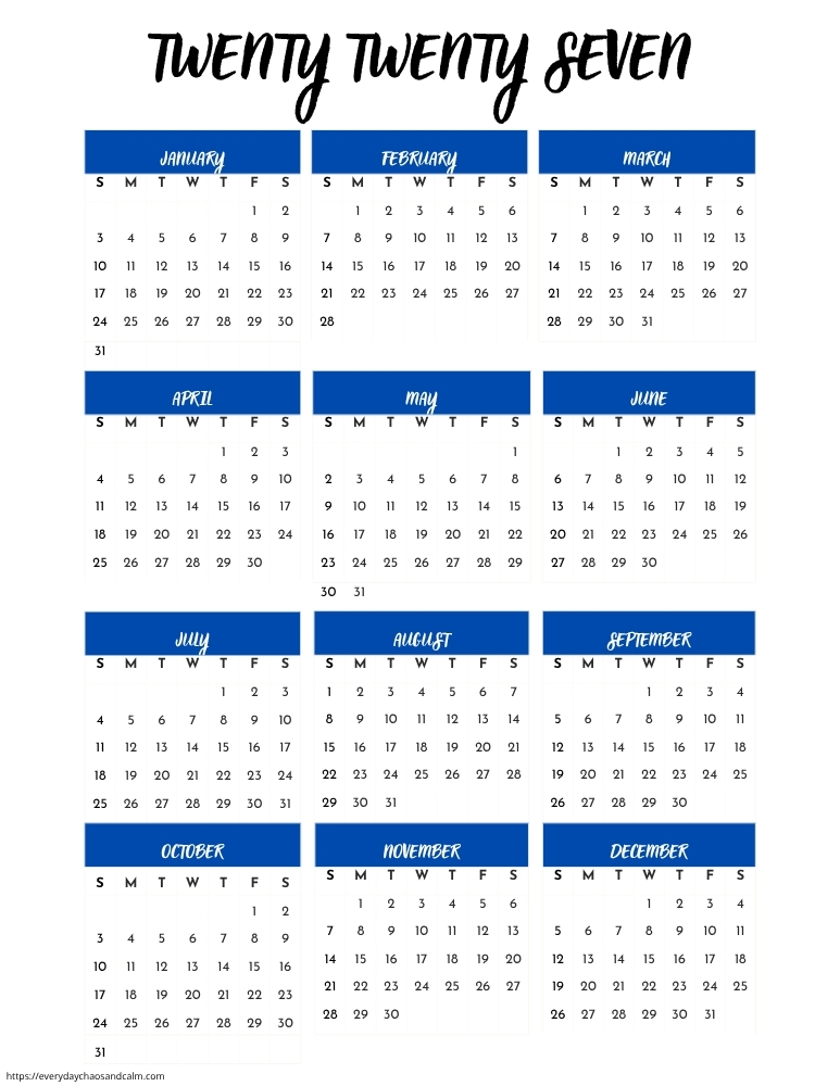 printable yearly 2027 calendar- sunday start