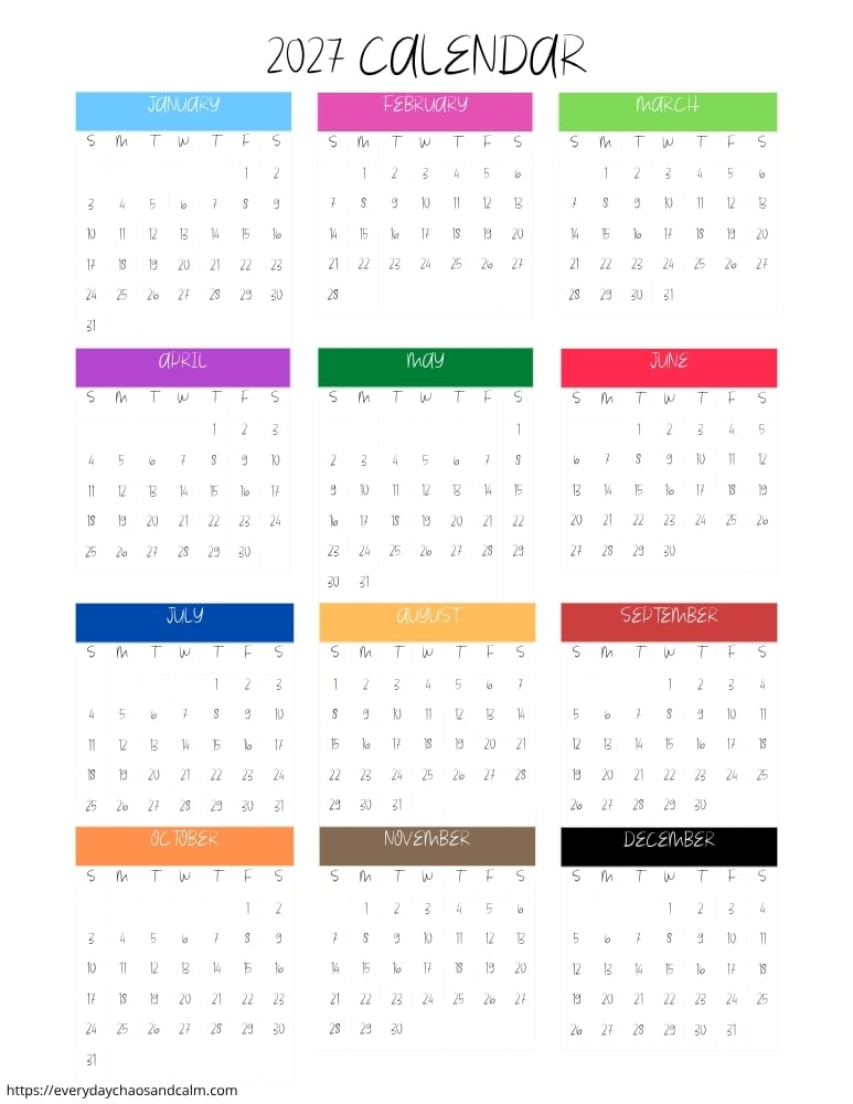printable yearly 2027 calendar- sunday start