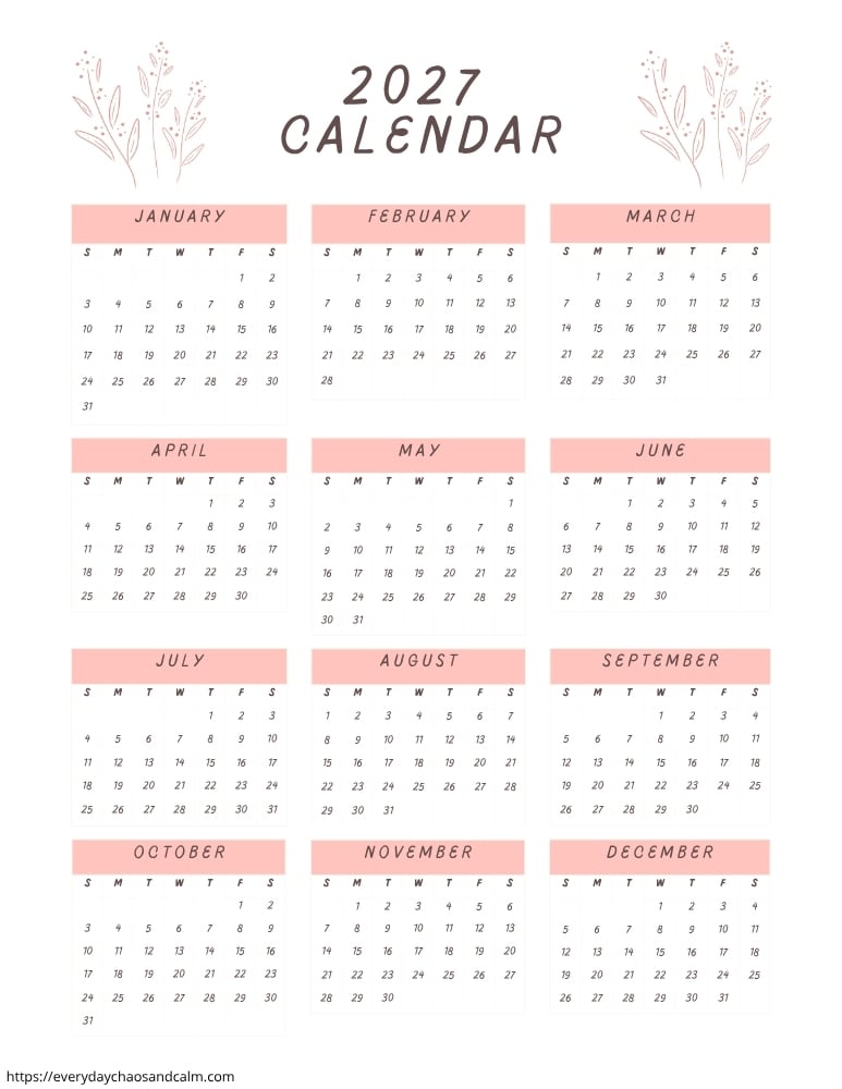 printable yearly 2027 calendar- sunday start