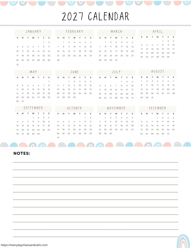 printable yearly 2027 calendar- sunday start