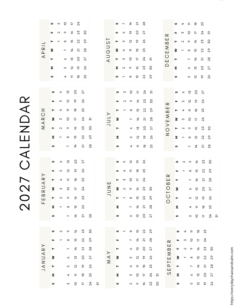printable yearly 2027 calendar- sunday start