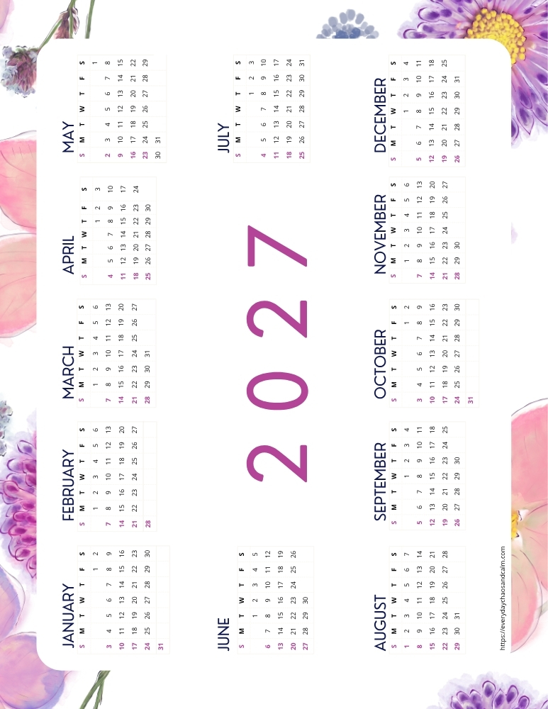 printable yearly 2027 calendar- sunday start
