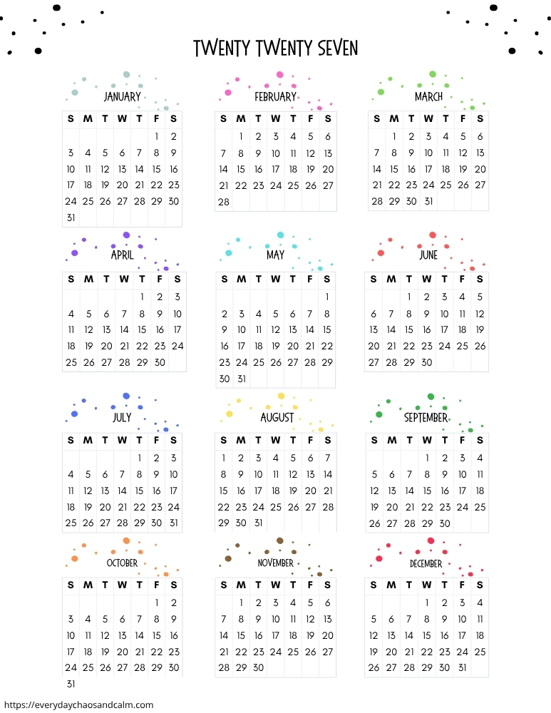 printable 2027 yearly calendar- sunday start