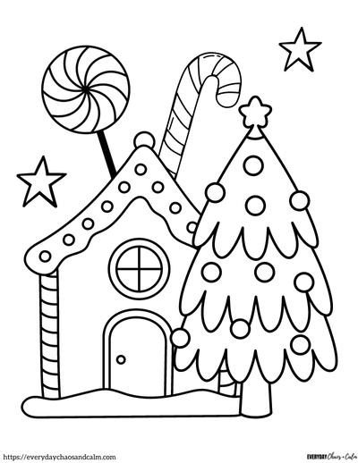 gingerbread house coloring page with candy and christmas tree