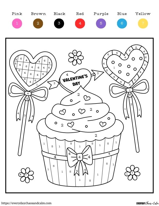 valentine color by number with cupcake and heart lollipops 
