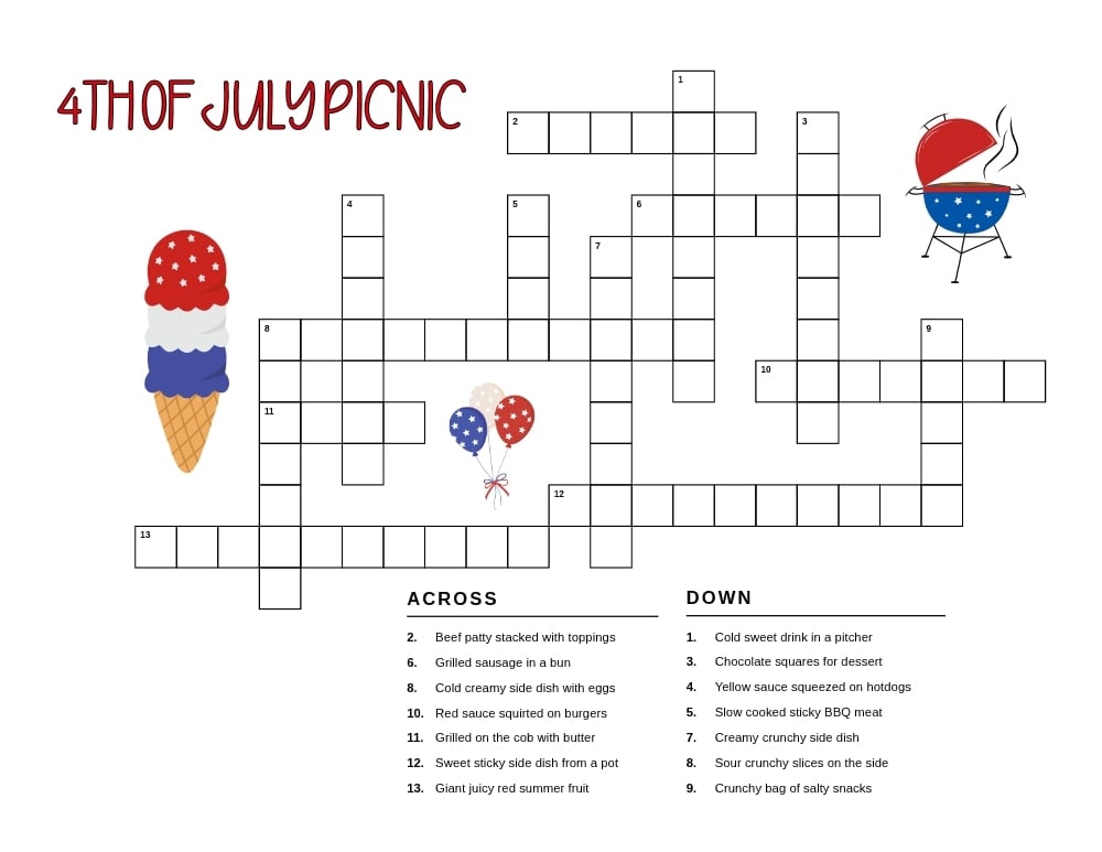 printable 4th of july crossword puzzles, student holiday vocabulary worksheet, patriotic theme puzzle page, PDF, instant download