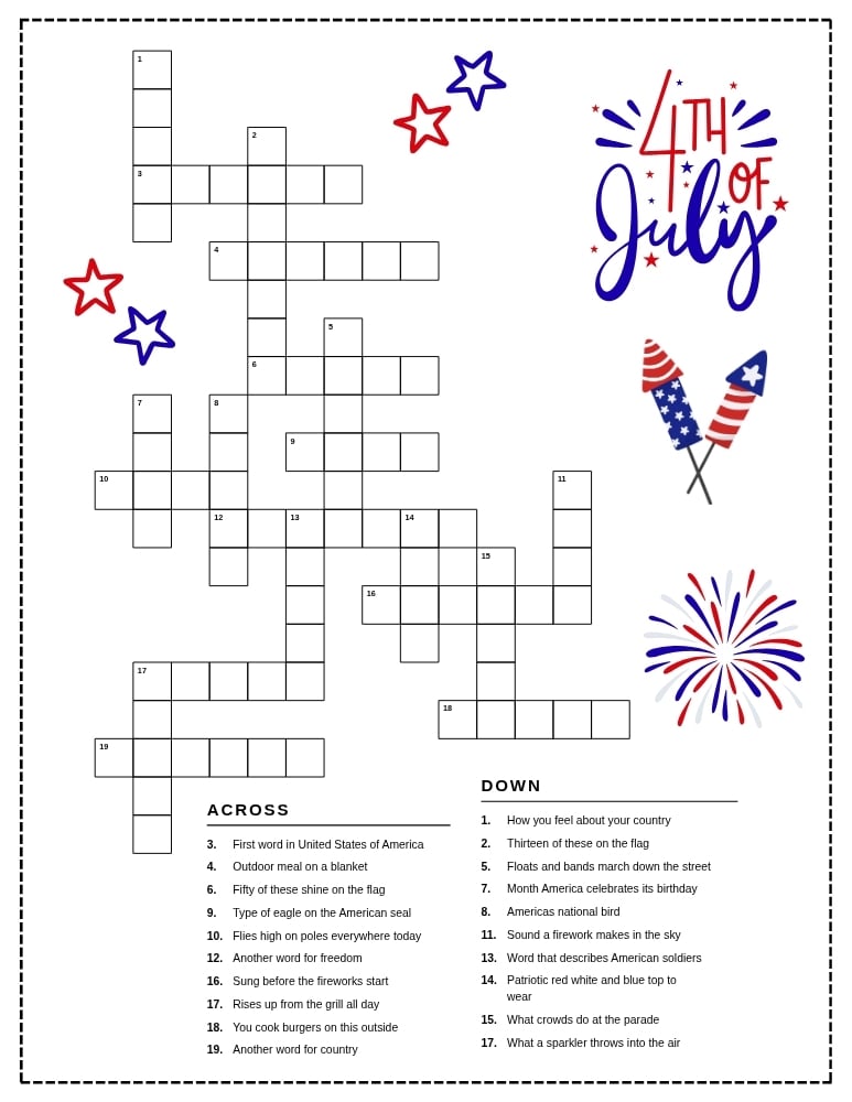 4th of july crossword puzzle sheet, fun summer holiday activity for children, homeschool literacy printable, PDF, instant download