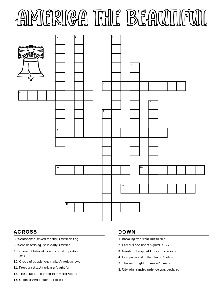 kids 4th of july crossword puzzles, classroom patriotic word game, educational summer holiday worksheet, PDF, instant download