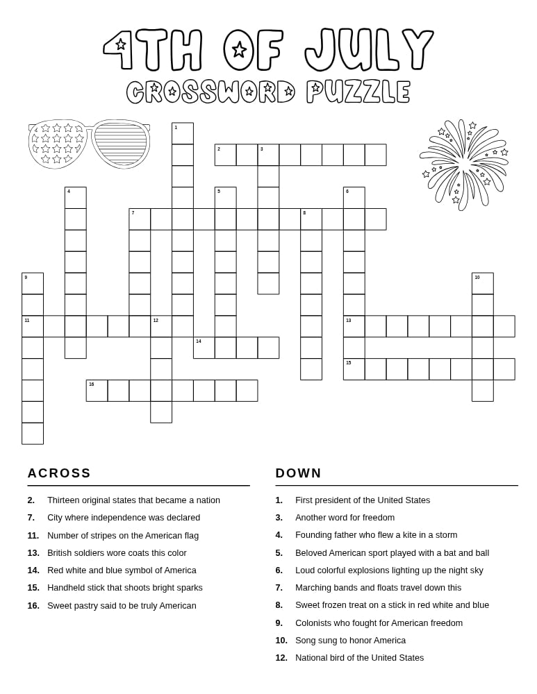 patriotic 4th of july crossword puzzle, summer season brain teaser for students, holiday activity page, PDF, instant download